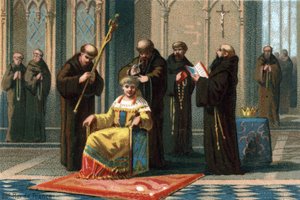 Childerich III. im Kloster Saint Bertin, Chromolithographie um 1890 von French School