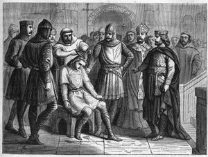 Childerich III., letzter Merowingerkönig, wurde von Pippin dem Kurzen, König der Franken, entthront und 751 im Kloster Sithiu bei Saint-Omer eingesperrt. 19. Jahrhundert Gravur