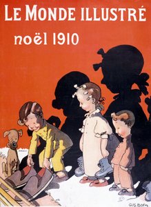 Kinder legen ihre Schuhe vor dem Kamin für den Weihnachtsmann ab - in „Le Monde Illustré“ von French School
