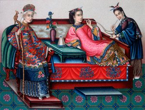 Chinesische Adelsfrauen rauchen Opium - in „Das historische Kostüm“ von Racinet