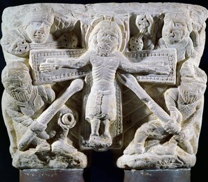 Christus am Kreuz, Relief auf einem Kapitell von Zwillingssäulen von French School