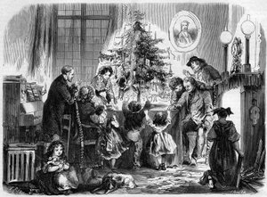 Weihnachtsfeier im Elsass: eine Familie versammelt sich um den Weihnachtsbaum. Gravur in „Le Monde Illustré“ Nr. 38 vom 2. Januar von French School