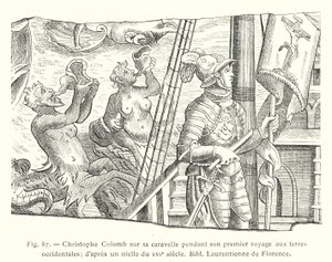 Christoph Kolumbus auf seiner Karavelle während seiner ersten Reise zu den westlichen Ländern; nach einem Nielle aus dem XVI. Jahrhundert, Bibl Laurentienne von Florenz (Stich) von French School