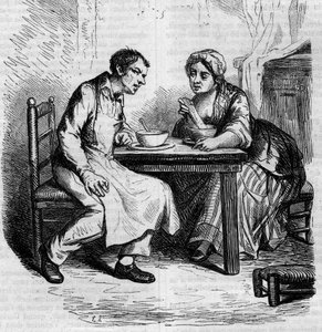 Christophe und die dicke Sylvie: Diener beim Frühstück. Gravur Mitte des 19. Jahrhunderts. Illustration für „Der Vater Goriot“ von Honore de Balzac (1799-1850).