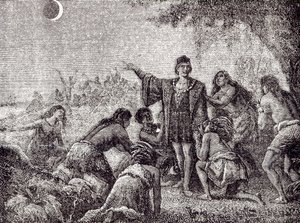 Christoph Kolumbus sagt den Bewohnern Jamaikas im Jahr 1504 die Mondfinsternis voraus