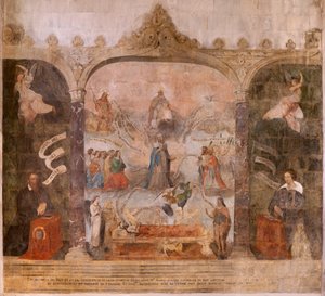 Kirche (Eglise Saint-Jean-Baptiste). Innenraum. Kapelle Saint-Fursy. Wandmalereien. Die Verherrlichung Marias (Fresko genannt der gute Tod). Anfang 17. Jahrhundert. von French School