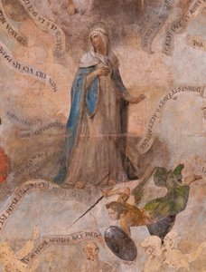 Kirche (Eglise Saint-Jean-Baptiste). Innenraum. Kapelle Saint-Fursy. Wandmalereien. Die Verherrlichung Mariens (Fresko genannt der gute Tod). Anfang 17. Jahrhundert von French School