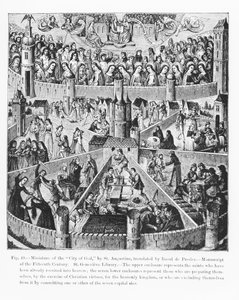 Stadt Gottes nach St. Augustinus, aus einem Manuskript übersetzt von Raoul de Presles, Illustration aus Wissenschaft und Literatur im Mittelalter und in der Renaissance, geschrieben und graviert von Paul Lacroix