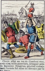 Clovis, verbündet mit dem König von Cambrai, kam mit 5000 Kriegern, um in der Nähe von Soissons Syagrius, den römischen General, anzugreifen, dessen Armee vom fränkischen König besiegt wurde. von French School