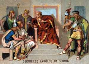 Die letzten Worte von Clovis: „Unglücklich bin ich! Ich bleibe wie ein Reisender unter Fremden und habe keine Eltern mehr, die mich unterstützen, wenn das Unglück kommt.“ Chromolithographie der Serie „Patriotische Erziehung durch Bild“ von French School