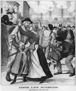 Kohlebergleute kehren zur Arbeit zurück, Illustration aus Le Petit Journal, frühes 20. Jahrhundert von French School