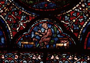 Schuster, Detail aus einem Fenster, das den Tod der Jungfrau darstellt