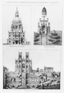 Wettbewerb für den Bau der Basilika Sacré-Coeur in Montmartre, Entwürfe von Monsieur Crépin, Monsieur Moyaux und Monsieur Magne, 1875 von French School
