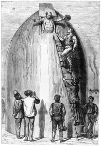 Bau einer Rakete, Illustration aus Von der Erde zum Mond von Jules Verne (1828-1905) Paris, Hetzel, veröffentlicht 1865 von French School
