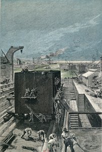 Bau eines Schiffs, aus Die Propellerinsel von Jules Verne, veröffentlicht 1865 von French School