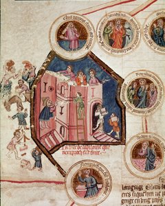 Baustelle des Turms von Babel in Babylon. Seite aus dem Manuskript Genealogie der Bibel der französischen Schule. 14. Jahrhundert. Cremona, Biblioteca Governativa