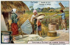 Korea: Reisernte, Weben und Dreschen - Chromolithografie Liébig, ca. 1900 von French School