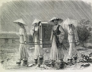 Koreaner in einem Palankin (Regenanzug der Koreaner) tragen einen Stuhl. Illustration aus „Eine Expedition in Korea“ von Herrn H. Zuber, ehemaliger Marineoffizier (1866) - in „Tour du Monde“. von French School