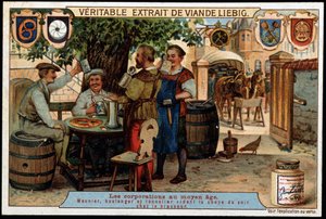 Zünfte im Mittelalter: Müller, Bäcker und Küfer leeren den Abendkrug im Haus des Brauers von French School