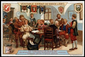 Zünfte im Mittelalter: eine Beratung der Juranden der Metzger, Gerber, Seifensieder, Schuhmacher, Handschuhmacher und versammelten Barbiere von French School