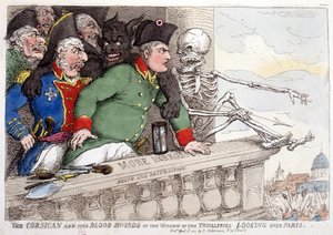 Korsika und seine blutrünstigen Blicke auf Paris durch das Fenster der Tuilerien - in „Napoleon I“, Karikaturen, Dummysammlung, ca. 1814-1815