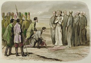 Cortes zu Füßen von Martin de Valencia von French School