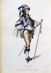 Kostüm für die Figur des Don Juan in Szene 2 des ersten Aktes des gleichnamigen Stücks von Molière. Gravur des 19. Jahrhunderts