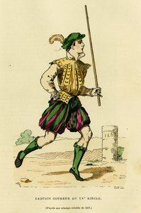 Kostüm des Läufers im 15. Jahrhundert, beauftragt, vor der Kutsche zu laufen, um die Straße freizumachen und die Passage eines Adligen oder Herrn anzukündigen. Farbgravur, in „Frankreich und die Franzosen durch die Jahrhunderte“ von Augustin Challamel, F. 