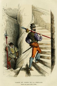 Kostüm des Leibwächters des Prévôt, gefolgt von einem Offizier der Wachen (1574 bis 1589). Farbgravur, in „Frankreich und die Franzosen durch die Jahrhunderte“ von Augustin Challamel, F. Roy Herausgeber, Paris 1882. Sammlung Selva. von French School