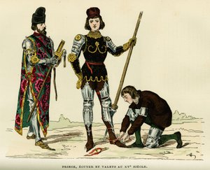 Kostüme des Prinzen, seines Schildträgers und seines Dieners, im 15. Jahrhundert. Farbgravur, in „Frankreich und die Franzosen durch die Jahrhunderte“ von Augustin Challamel, F. Roy Herausgeber, Paris 1882. Sammlung Selva. von French School