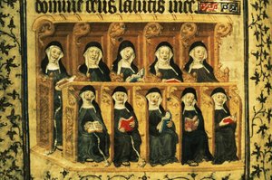 Cott Dom A XVII f.74v Nonnen in einem Chorgestühl, aus dem Psalter von Heinrich VI., Paris von French School