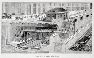 Schnitt der Metrostation St. Michel in Paris in „La nature“ 1899 von French School