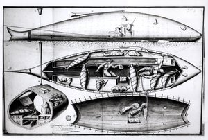 Querschnitt eines U-Boots, aus einem Manuskript, März 1689