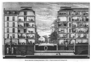 Querschnitt von Industriehäusern am Faubourg Saint-Antoine in Paris, Illustration aus Le Magasin Pittoresque, 1885