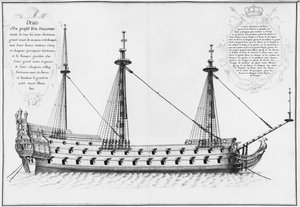 Querschnitt des vollständig fertiggestellten Inneren eines Schiffes, Illustration aus dem Atlas de Colbert, Tafel 37 von French School