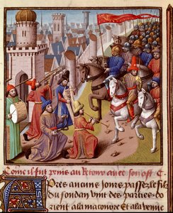 Kreuzzug: Rückkehr der französischen Armee aus dem Heiligen Land. Miniatur in „Le miroir historial“ (Speculum Historiale) (ms. 1196, fol. 372) von Vincent de Beauvais (1190-1264) ins Französische übersetzt von Jean de Vignay