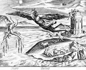 Daedalus, der mit seinem Sohn Ikarus aus Kreta flieht, sieht ihn zu seinem Tod stürzen, 1619 von French School