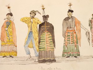 Tanz, einheimisch auf Buru, Molukken, Aquarell von Jules-Louis Lejeune, basierend auf Reise um die Welt von French School
