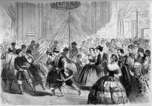 Tanz: das Schlittschuhgitter. Die Tänzer halten ein Band, dessen Ende an einer Maipflanze in der Mitte eines Kreises befestigt ist. Szene beim Ball, gegeben von Graf Walewski im Jahr 1861. Gravur in „Le Monde Illustré“ Nr. 202 vom 23. Februar 1861 von French School