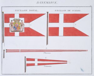 Dänische Flaggen, aus einem französischen Flaggenbuch, ca. 1819