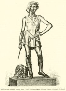 David, Sieger über Goliath, Bronzestatue von Andrea Verocchio, im Nationalmuseum von Florenz (Stich) von French School