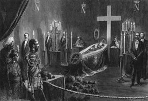 Tod von Napoleon III.: Die Überreste von Napoleon III. in der brennenden Kapelle des Cambden House am 14. Februar 1873. von French School