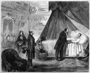 Tod des Grafen von Cavour, 6. Juni 1861: König von Italien Viktor Emanuel II. besucht Camillo Benso, Graf von Cavour, am Tag vor seinem Tod. Gravur in „Le Monde Illustré“ Nr. 218 vom 15. Juni von French School