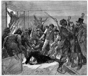 Streik der Bergleute von Decazeville (Aveyron) im Jahr 1886: Ingenieur Watrin wurde von den Streikenden ermordet. Gravur in "Le Monde Illustré", 6. Februar 1886 von French School
