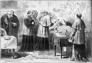 Tod von Papst Pius IX. (Pio) (1792-1878): Ritual der Anerkennung des Todes des Papstes. Ein Kardinal schlägt mit einem silbernen Hammer auf die Stirn des Verstorbenen. Gravur in „Le Monde Illustré“ Nr. 1089 vom 16. Februar 1878