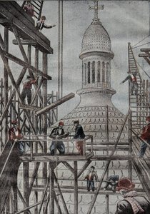 Demonstration des Gerüsts zur Enthüllung des Endes des Baus der Kuppel der Basilika von Montmartre. Gravur in „Le Pelerin“ 17/12/1899