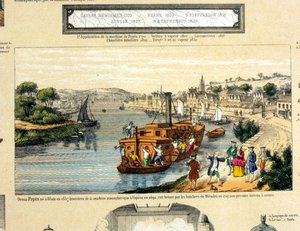 Denis Papin (1647-1712) beobachtet, wie sein Raddampfer 1707 von den Bootsmännern von Muenden zerstört wird von French School