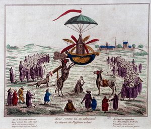 Abfahrt des Satire-Flugschiffs auf der von Jean-Pierre Blanchard (1753-1809) erdachten Flugmaschine: Esel, Affen und Blinde betrachten die seltsame Maschine mit sechs Flügeln und einem Ruder. Gravur aus dem späten 18. Jahrhundert. Paris, Musée Carnavalet von French School
