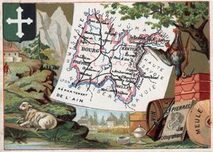 Département Ain (01), Rhône-Alpes, Frankreich. Lokale Spezialität: Viehzucht, Jagd, Wein, Schleifstein und Lithographie. Serie über die französischen Departements. Chromolithographie „der geografische Faden“, um 1920. Private Sammlung. von French School