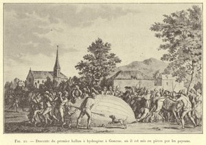 Landung des ersten Wasserstoffballons in Gonesse, wo er von Bauern zerstört wird (Gravur) von French School